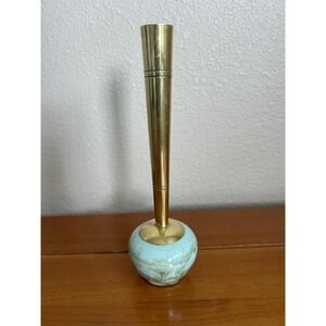 Vtg MCM Delft Hand Painted Porcelain Bud‎ Vase Marble Design Brass Stem Holland